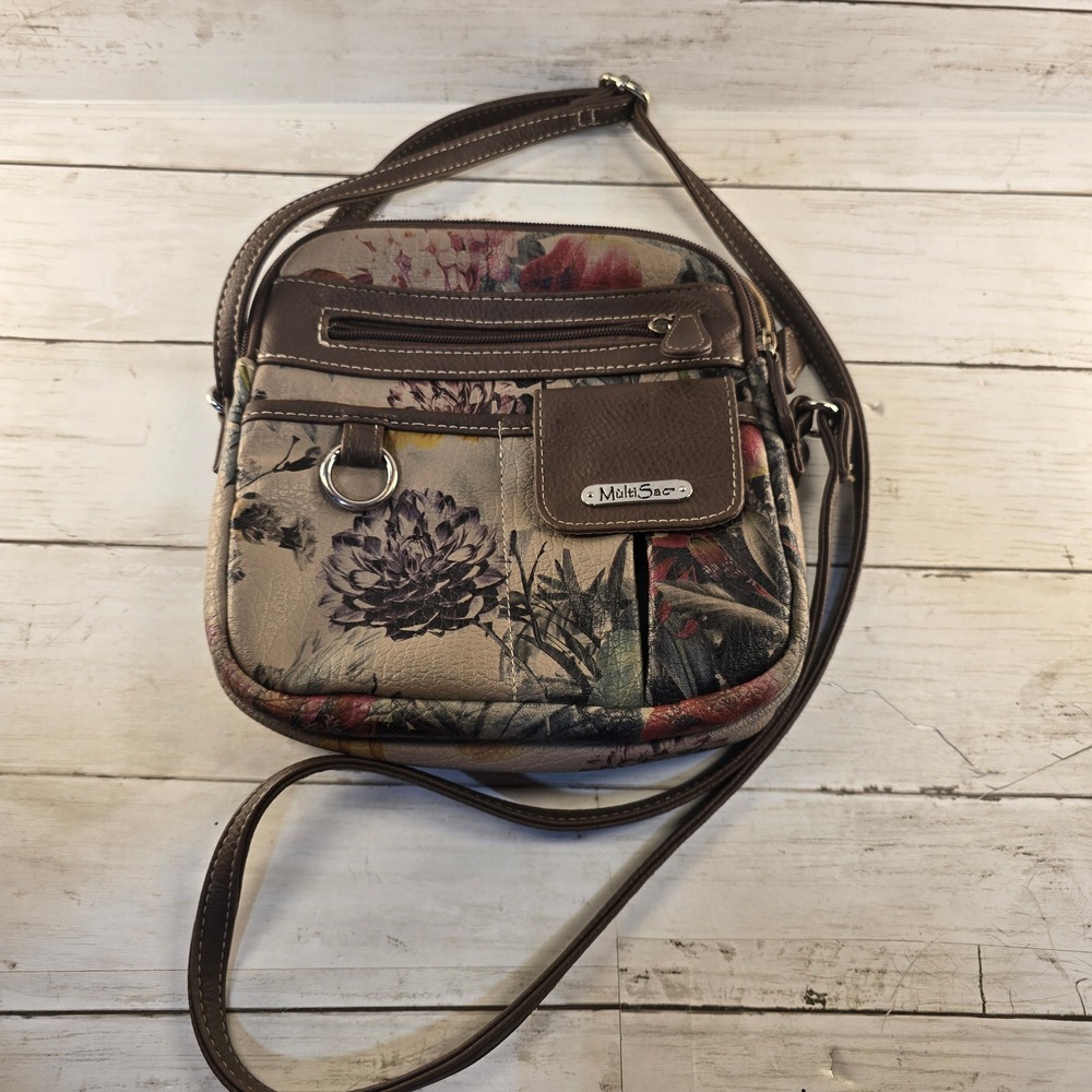 MultiSac Floral Crossbody Bag Brwn Faux Leather Adjustable Strap Organizer Purse